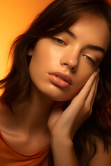 Cute girl with hand on face with orange background