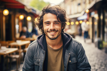Fototapeta premium Portrait of a attractive smiling man standing on the city street 