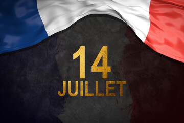Fototapeta na wymiar Banner 14 July Bastille day in France, template with french flag, golden stars on dark blue sky background. French national holiday. Waving France flag. Vector. Translation: July 14 Happy National Day