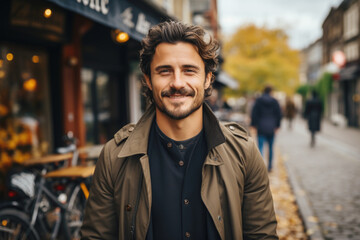 Portrait of a attractive smiling man standing on the city street 