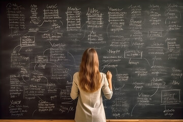 young teacher write on chalk board. Woman writing on blackboard wall. Idea creative education teaching math and spelling letter, knowledge, back to school concept