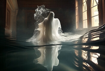 The ghost of the bride emerges from the water. AI Generated
