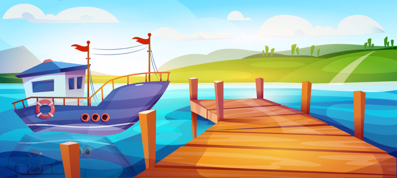 Landscape with fishing boat. Summer deserted scenery with ship and wooden bridge, sea or river. Fishing vessel on pier in quiet water harbor. Banner with marine view. Cartoon flat vector illustration