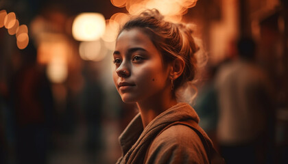 Fototapeta premium Young woman smiling, looking at camera outdoors generated by AI