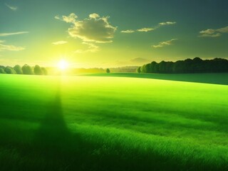 sunset over green grass,  ai generative image 