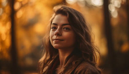 Obraz premium Young woman in autumn forest, smiling beauty generated by AI