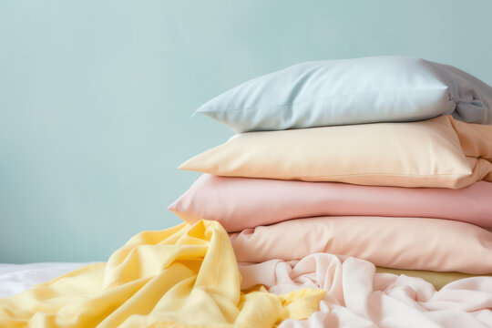 Stack of fresh, clean linens in a pastel palette of colors.  Textile cloths stack. Isolated on light blue background with copy space, banner template. Generative AI photo.