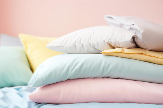 Stack of fresh, clean linens in a pastel palette of colors.  Textile cloths stack. Isolated on light pink background with copy space, banner template. Generative AI photo.