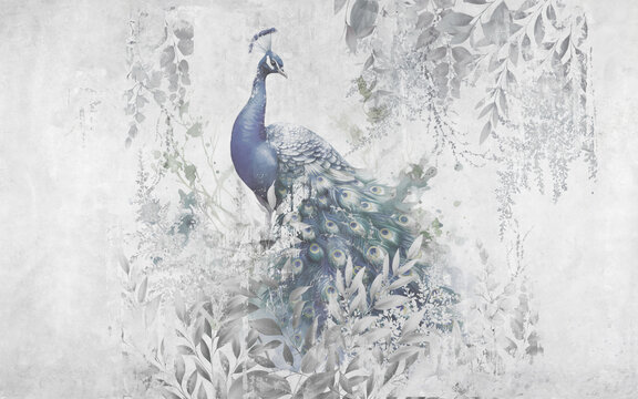 Fototapeta Spectacular watercolor peacok. Digital art illustration.