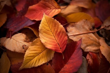 Naklejka na ściany i meble Autumn leaves with warm and rich colors. Generative ai