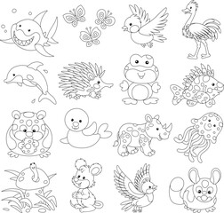 Set of funny cartoon toy animals, black and white outline vector illustrations for a coloring book