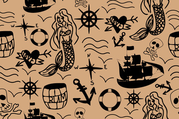 Sea sailor tattoo illustration with ship, barrel of rum, mermaid, waves, skull, anchor heart, rose of the winds, life-buoy on a nude background. Trendy, stylish, fashionable, seamless vector pattern