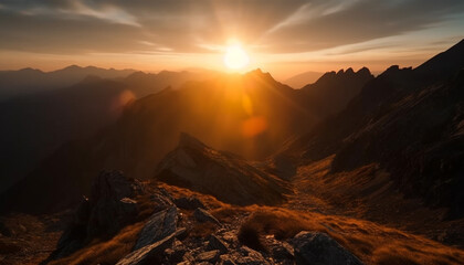 Majestic mountain range, tranquil sunset, panoramic beauty generated by AI