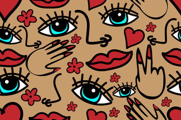 BEAUTIFUL GIRL. Cartoon pop tattoo  style. Trendy, stylish, fashionable seamless vector pattern for design and decoration.