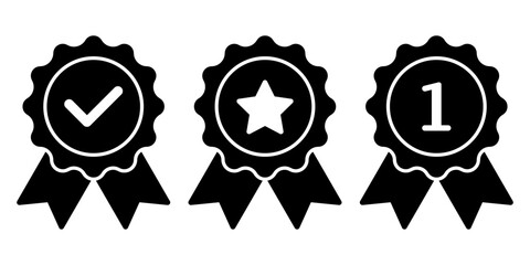 Badge with ribbons, rosette, medal, quality, winning icon set