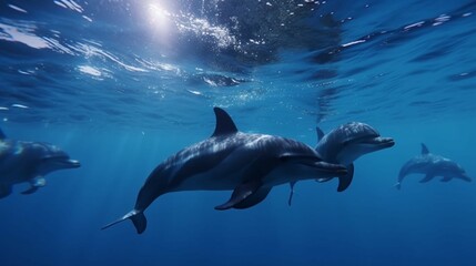 Fototapeta premium Dolphins pod underwater in deep blue sea water.Generative AI