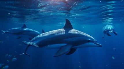 Dolphins pod underwater in deep blue sea water.Generative AI