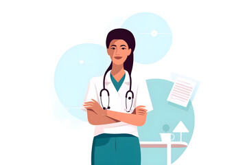 Flat vector illustration nurse healthcare and medicine with a woman working in healthcare for health wellness or insurance in a hospital portrait of a fee medical student or professional standing arms