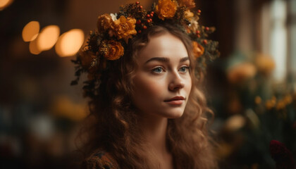 Fototapeta premium Smiling young woman celebrates winter with elegance generated by AI