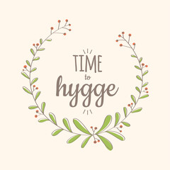 Isolated natural label with leaves Time to hygge concept Vector