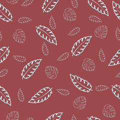 Hand Drawn Tropical Leaf Line Art Seamless Pattern on a Vibrant brown Background