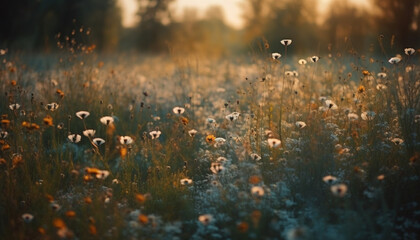 Wildflowers bloom in meadow at sunset dusk generated by AI