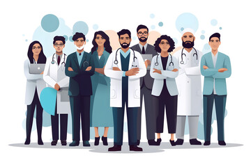 Obraz premium Flat vector illustration multi ethnic group of scientists doctors team smiling with arms crossed standing together successful idea concept isolated on white transparent background ai generate603862732