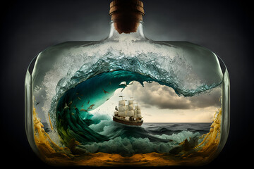 Illustration of a fairy ship at sea in a bottle, Generative AI - obrazy, fototapety, plakaty