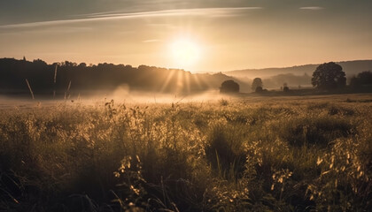 Obraz premium Tranquil meadow at sunset, nature beauty shines generated by AI