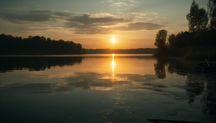 Fototapeta na wymiar Tranquil sunset reflection on peaceful forest pond generated by AI