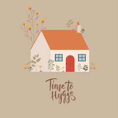 Isolated house building with leaves and flowers Time to hygge concept Vector