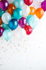 fliegende bunte Party Ballons in vielen verschiedenen Farben mit Konfetti. Generative Ai.