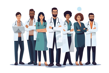 Obraz premium Flat vector illustration multi ethnic group of scientists doctors team smiling with arms crossed standing together successful idea concept isolated on white transparent background ai generate603862732