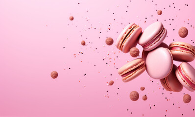 Appetizing macaroons fly in the air isolated on a pink background. French dessert macaroon levitating with crumbs. Copy space for text. Generative AI 3d render illustration.