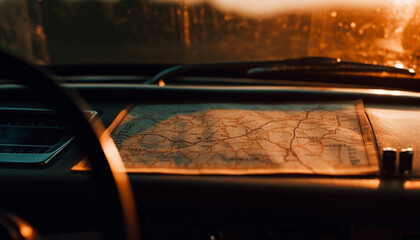 Old fashioned map guides car on nighttime adventure generated by AI