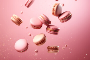 Obraz na płótnie Canvas Appetizing macaroons fly in the air isolated on a pink background. French dessert macaroon levitating with crumbs. Copy space for text. Generative AI 3d render illustration.