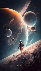 beautiful detailed universe with astronaut flying around planets 4k 