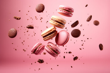 Appetizing macaroons fly in the air isolated on a pink background. French dessert macaroon levitating with crumbs. Copy space for text. Generative AI 3d render illustration.