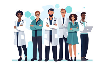 Flat vector illustration multi ethnic group of scientists doctors team smiling with arms crossed standing together successful idea concept isolated on white transparent background ai generate603862732