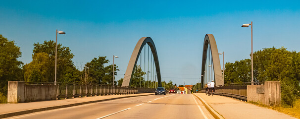 Summer view with a bridge at Plattling, Isar, Bavaria, Germany