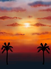 Fototapeta na wymiar Orange sunset and palm tree silhouette 