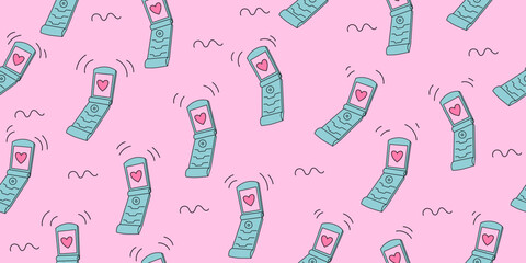 Seamless pattern with retro flip phone that vibrates. 2000s style technology. Old style gadgets. Nostalgia set of 2000s electronics devices. Y2K and retrowave style background