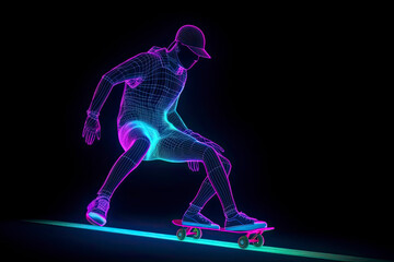 Abstract silhouette of a skateboarder on black background.AI generated