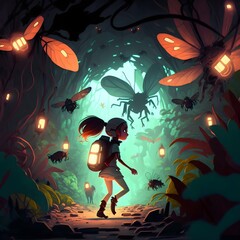 a cartoony world of insects gamification detailed with beautiful and intense lights at the center some one girl running from them 