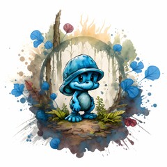 watercolor smurf in a forest logo 