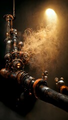 Steampunk pipes copper steam pipes steam bursting out of pipes dark industrial lighting octane render 8K resolution high definition texture 