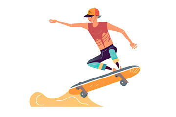 Fototapeta na wymiar Skateboard Illustration with Skateboarders Jump using Board on Springboard in Skatepark.AI generated