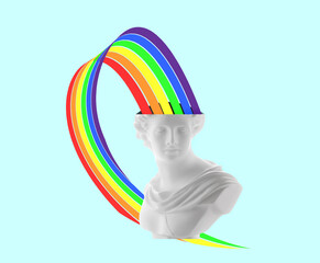 Creative art collage an ancient statue of a woman with rainbow flag flying out of her head.