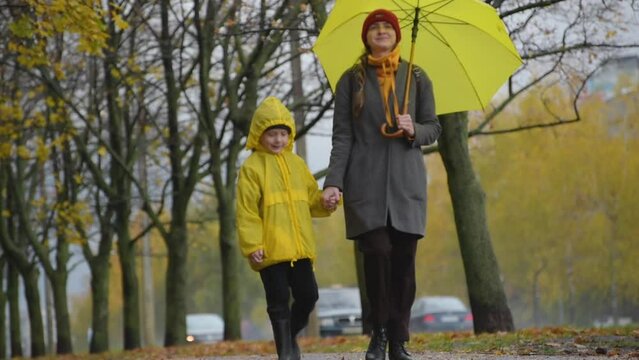 Mom hold her sons hand and walk through rainy park under yellow umbrella. Young woman and child boy in autumn park during the rain.