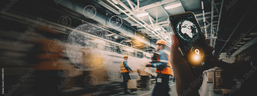 Poster businessman using smartphone global logistics network ai distribution and transportation, smart logi
